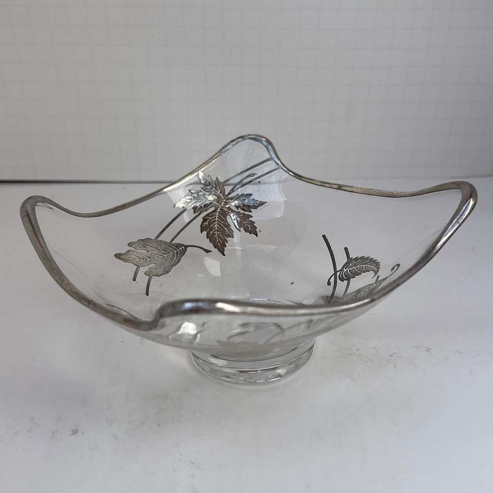 Vintage Silver Overlay Pedestal Glass Bowl Leaf Etched Mid Century Compote 6.25"